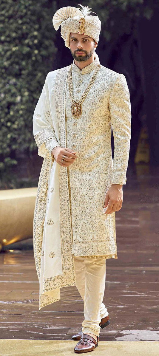 White sherwani with floral thread and bead work